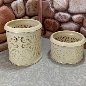 LENOX SET OF (2) Cream  Pierced  Cut Out Votive Candle Holder With Gold Trim